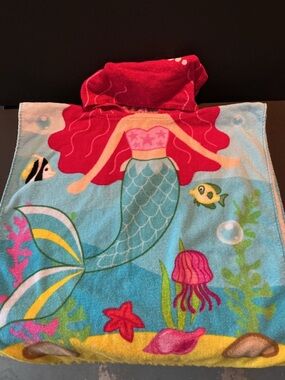Girls Mermaid Hooded Towel Poncho - Bright Aqua & Red